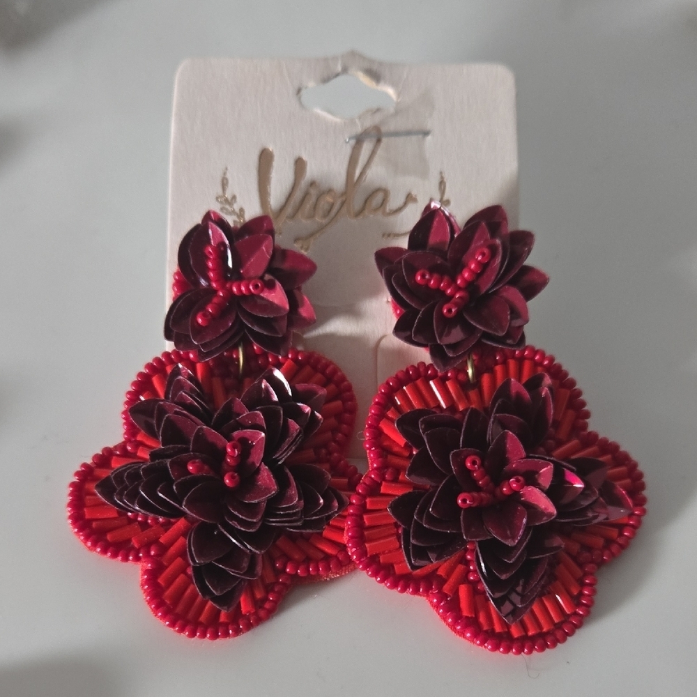 Viola Red Floral Beaded Earrings